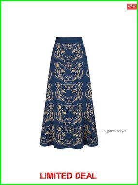 Knitted Midi Skirt Retro Tiger Pattern High Waist A-Line Cotton